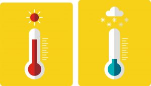 Two thermometers showing contrasting temperatures