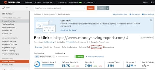 SEMRush Indexed pages