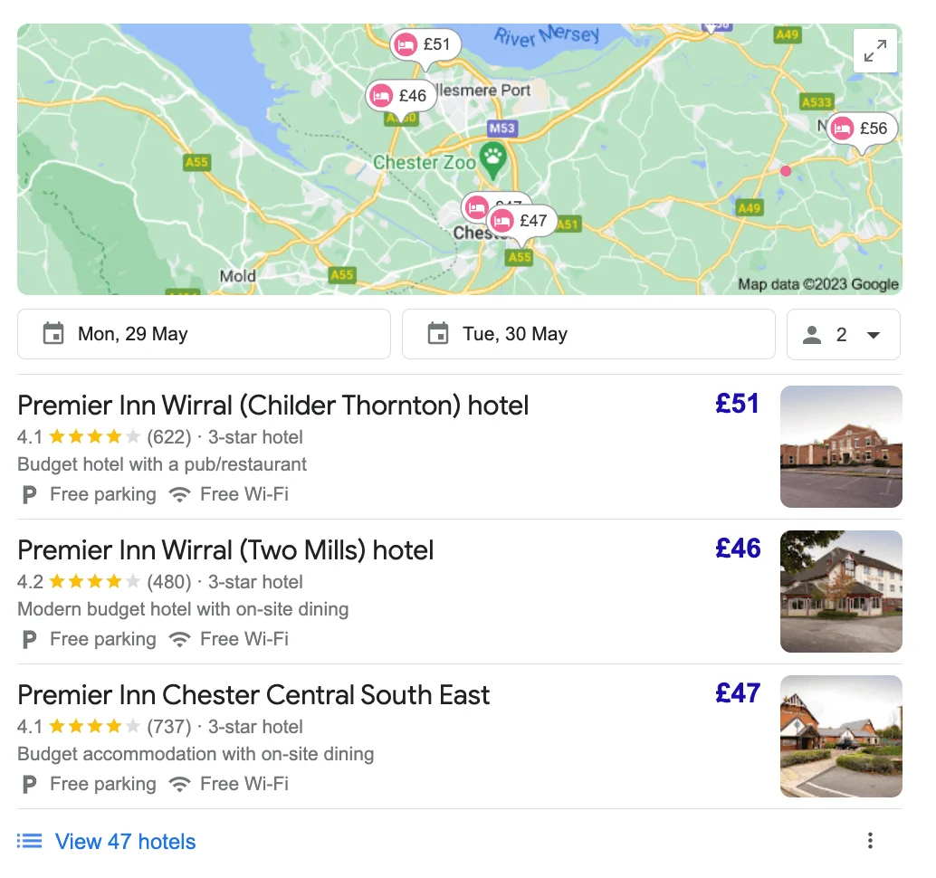 google map hotel listings