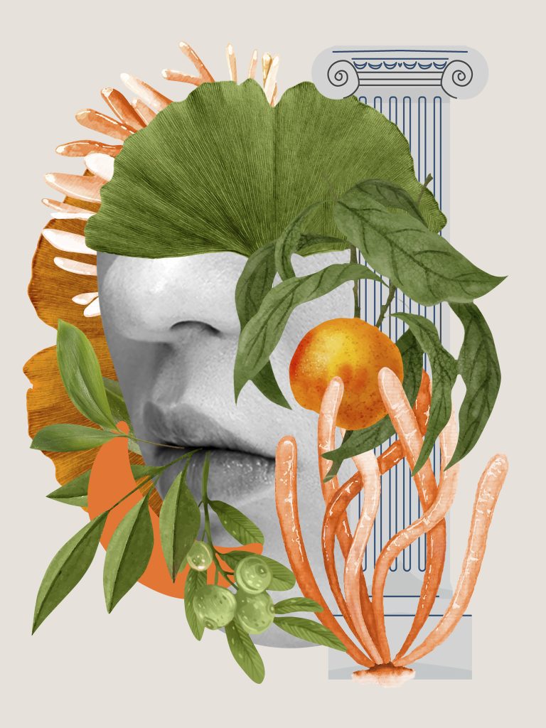 A woman's nose and mouth surrounded by leaves and orange fruits.