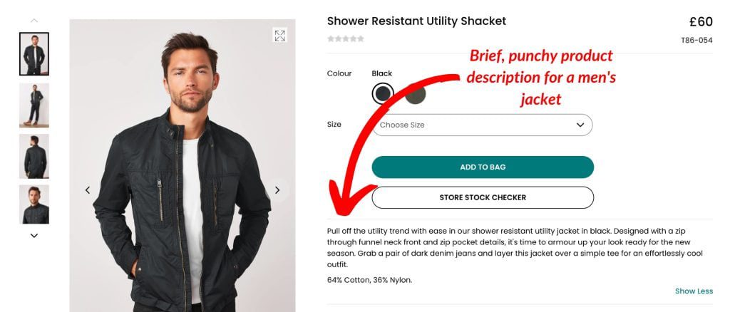 Brief, punchy product description on clothes site