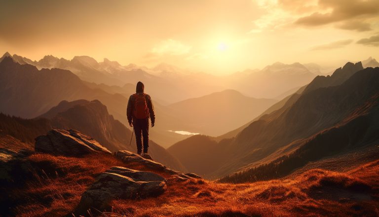 Hiker looking at mountains at sunrise.