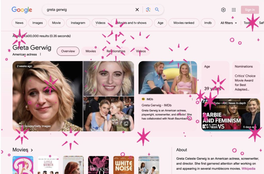 Screenshot of Google and images of Greta Gerwig and Margot Robbie