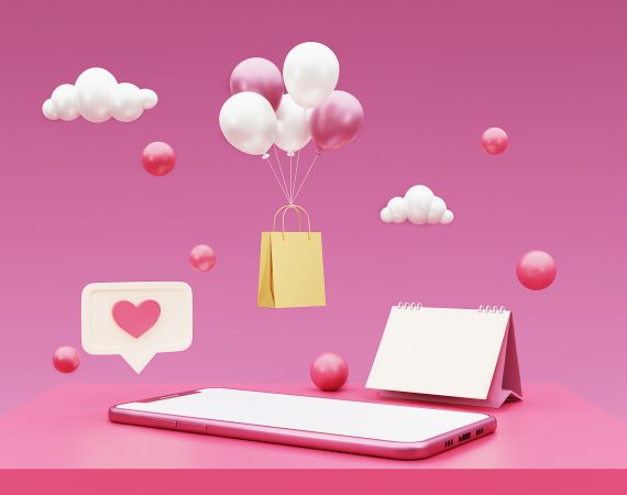Pink balloons floating with a shopping bag above a pink tablet.
