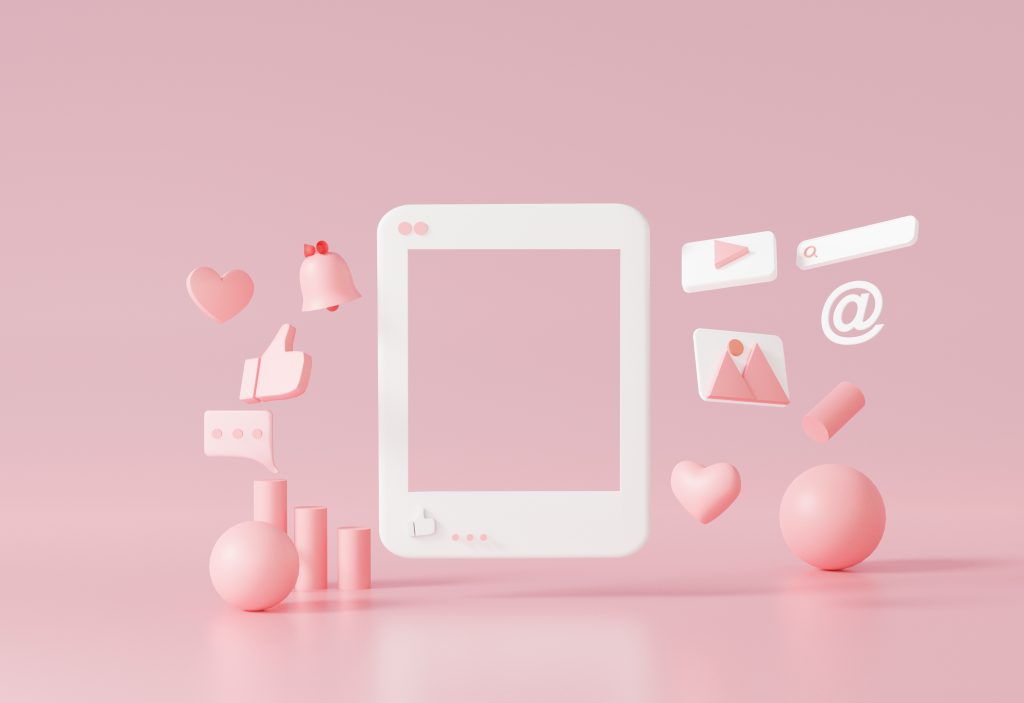 A tablet on a pink background with pink social media icons.