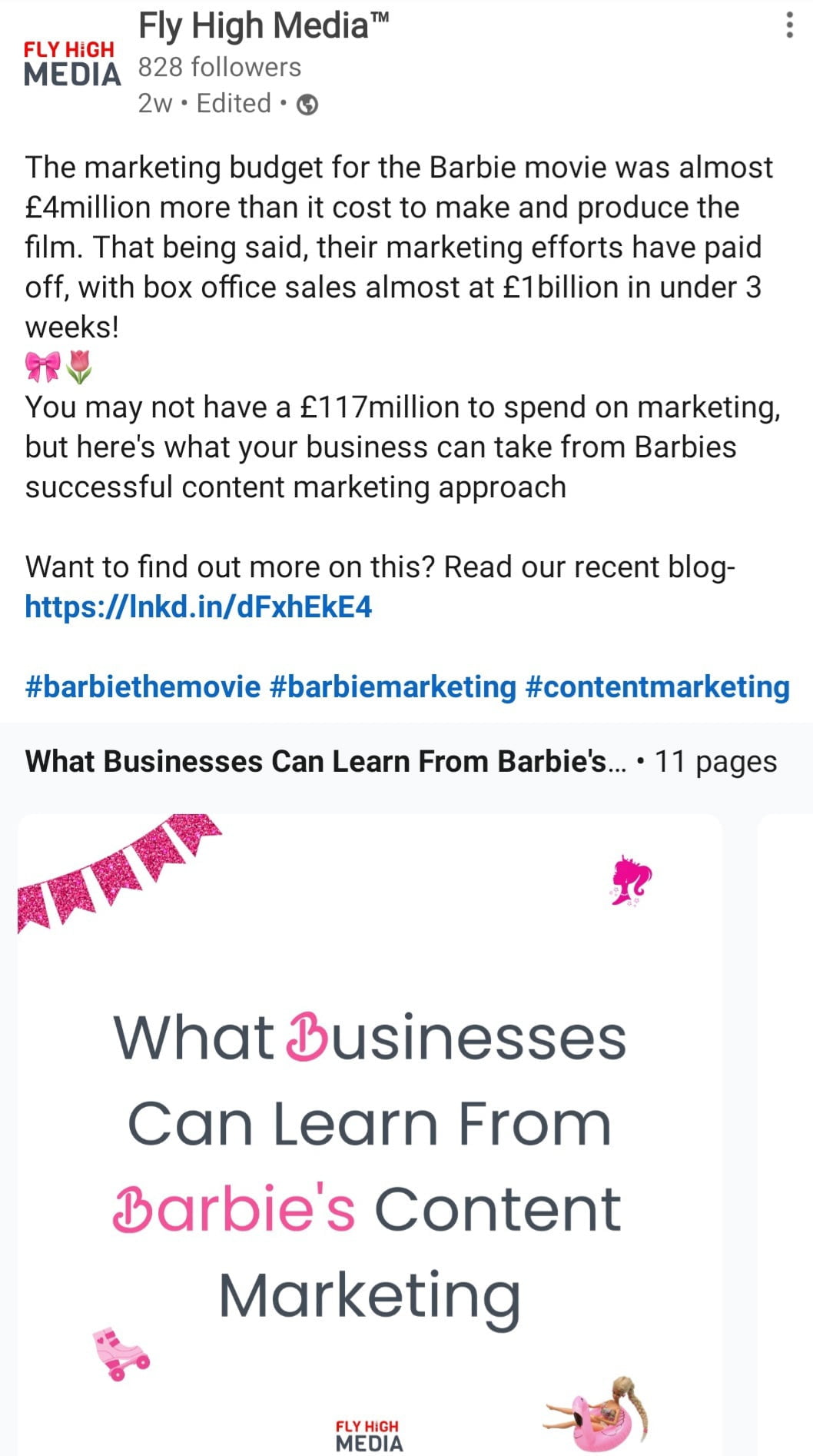LinkedIn post about Barbie's Content Marketing