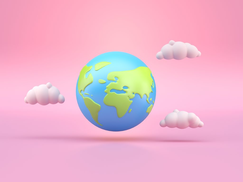 The globe in a pink sky.