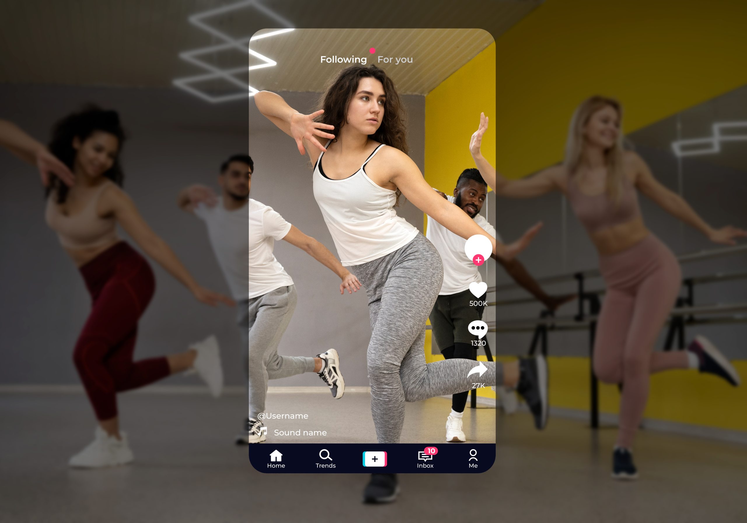 People dancing in dance studio with a TikTok video template in front of them