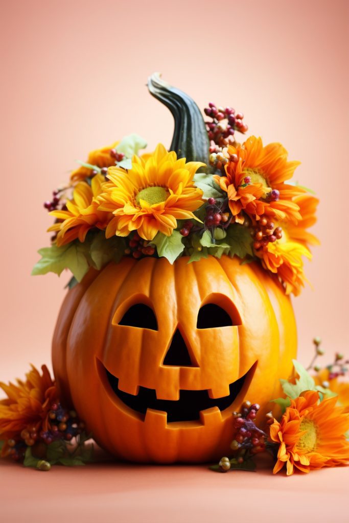 Smiling pumpkin with flower headdress.