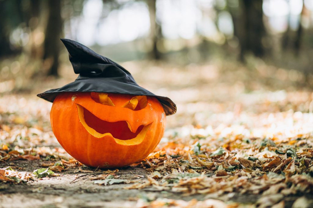 Pumpkin on ground wearing witch's hat.