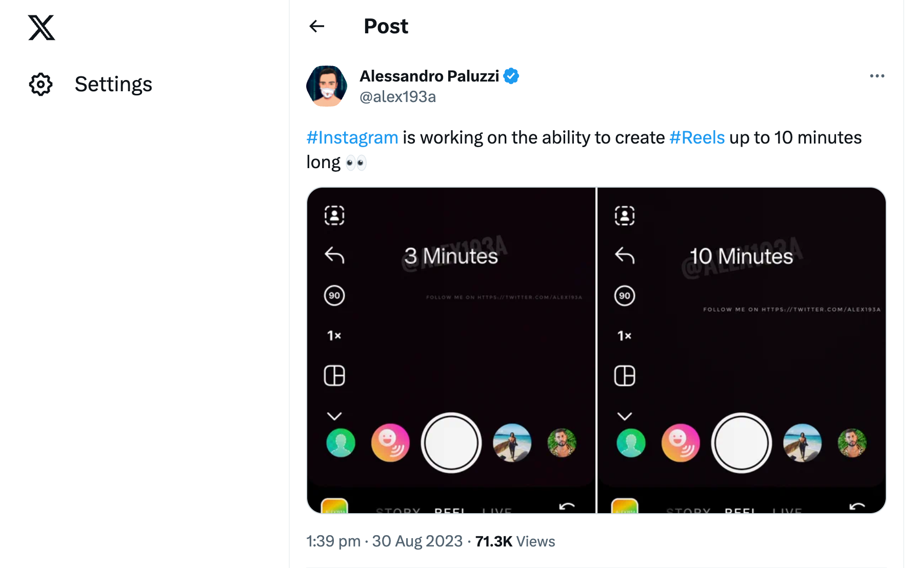 Screenshot of Alessandro Paluzzi's X post about Instagram Reels