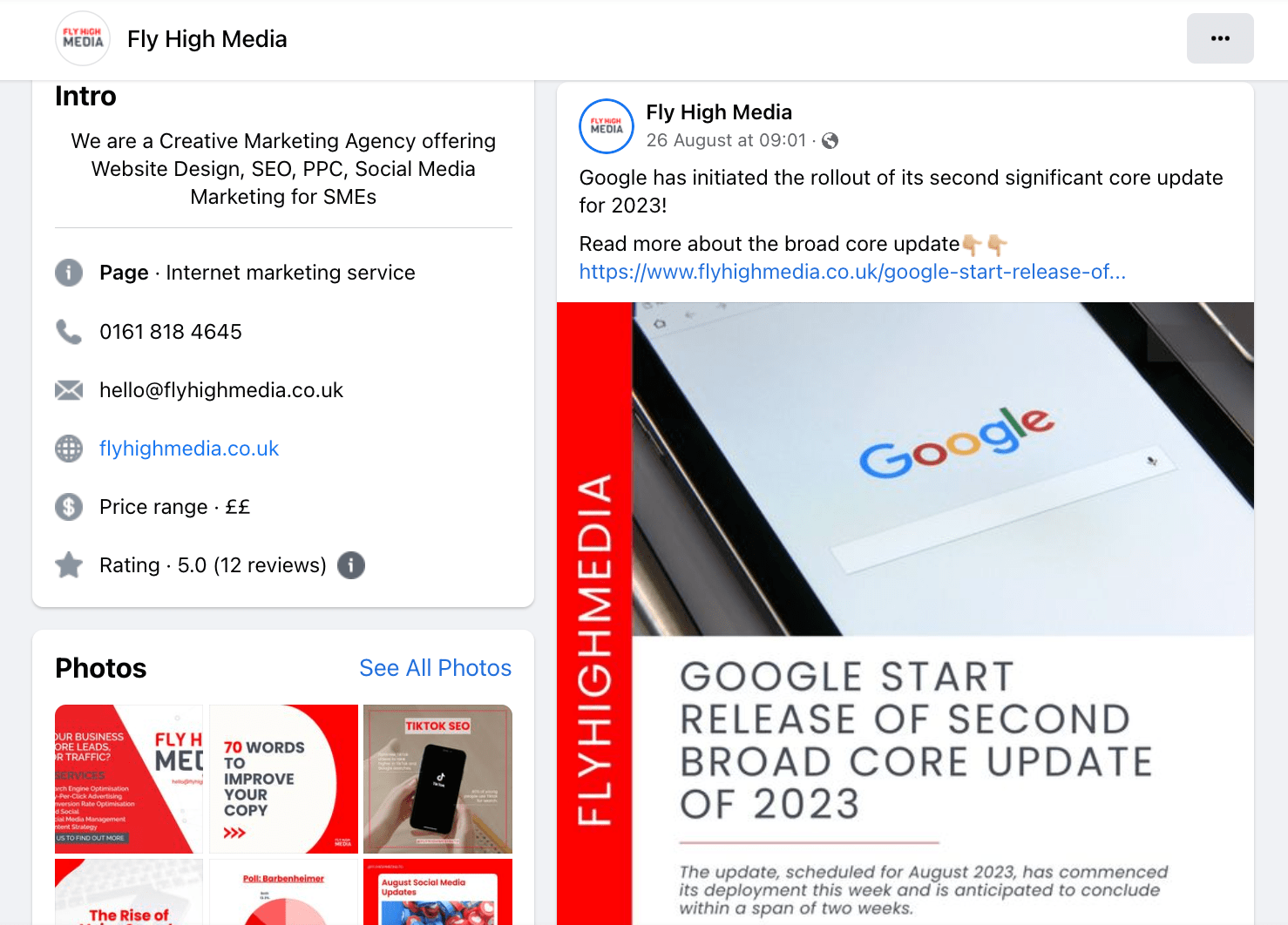 Fly High Media Facebook Post about the second broad core Google update 2023