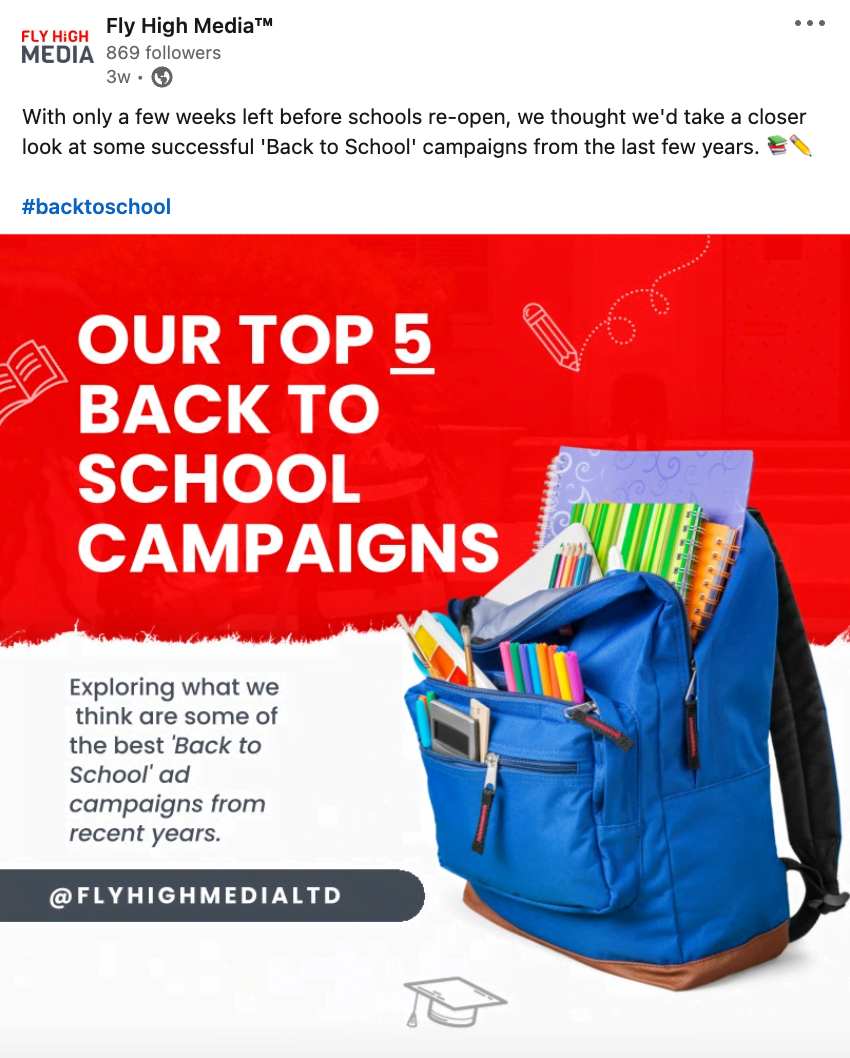 Fly High Media LinkedIn post about Back to School campaigns