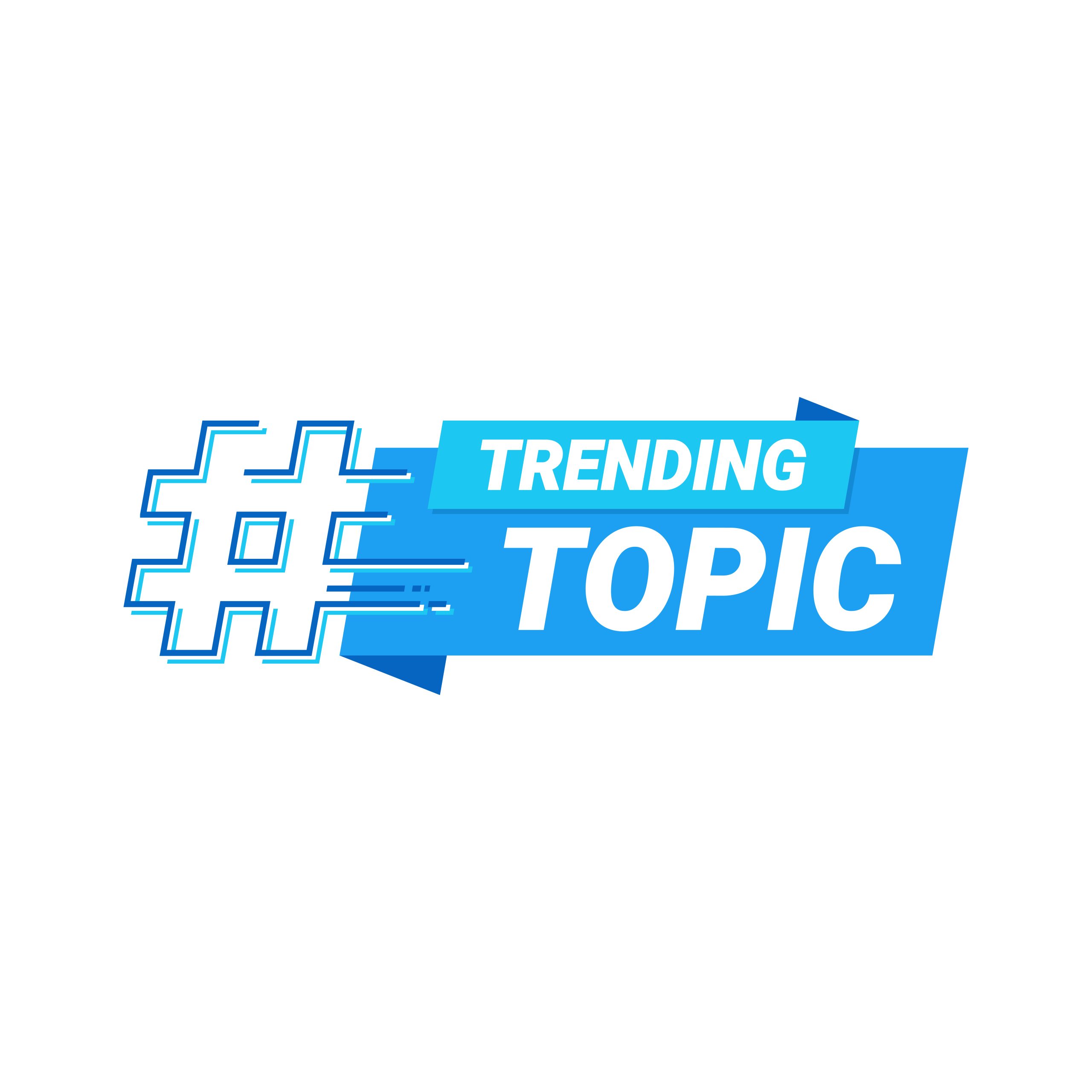 Blue outline of a hashtag on a white background, next to the words 'TRENDING' and 'TOPIC' on their own separate blue banners
