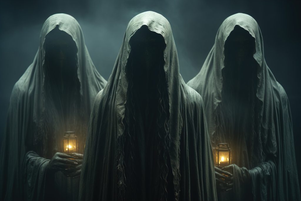 Spooky figures in hoods holding glowing lanterns.