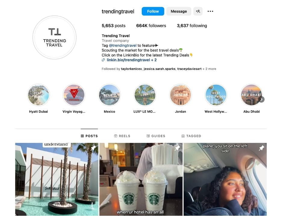 Screenshot of Trending Travels Instagram profile