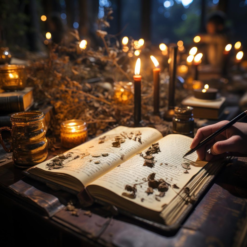 A hand writing spells in a book surrounded by candles.