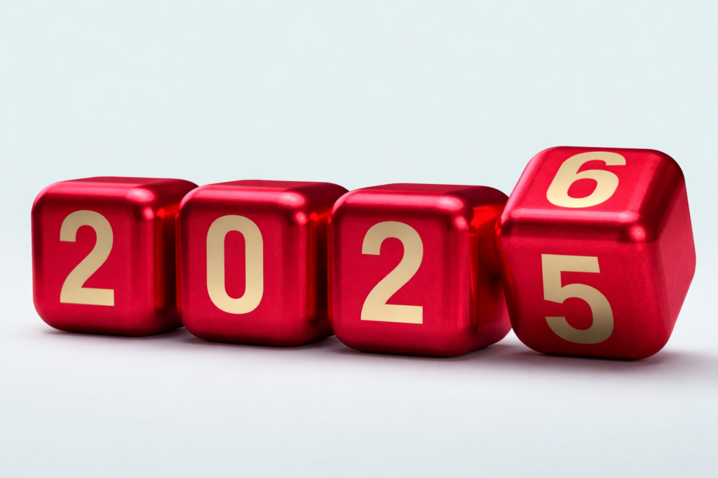Red dice displaying 2025 date